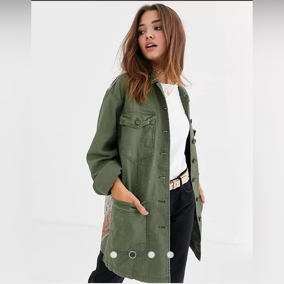 FREE PEOPLE Sz S SPRUCE MILITARY SHIRT JACKET AMERICAN FLAG ARMY GREEN Was $228 - Picture 8 of 17
